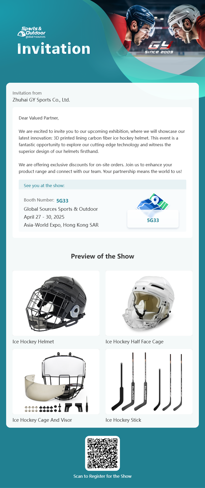 GY Global Sources Sports & Outdoor, 2025년 4월 27일부터 30일까지, 아시아 월드 엑스포, 홍콩 SAR, 부스 번호. 5G33